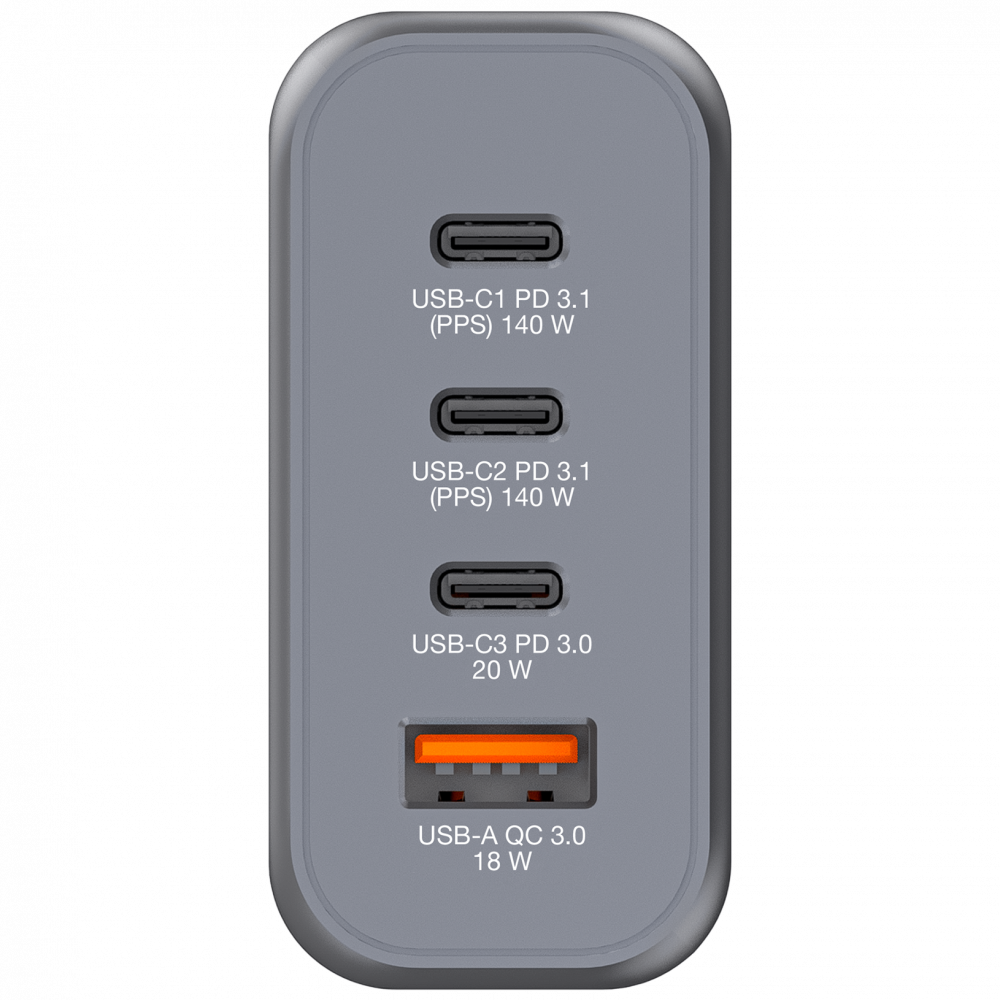Сетевое зарядное устройство на основе нитрида галлия мощностью 140 Вт с 4 портами 2 порта USB-C® PD мощностью 140 Вт, 1 порт USB-C® PD мощностью 20 Вт, 1 порт USB-A QC 3.0 (форматы ЕС, Великобритании и СШ&#