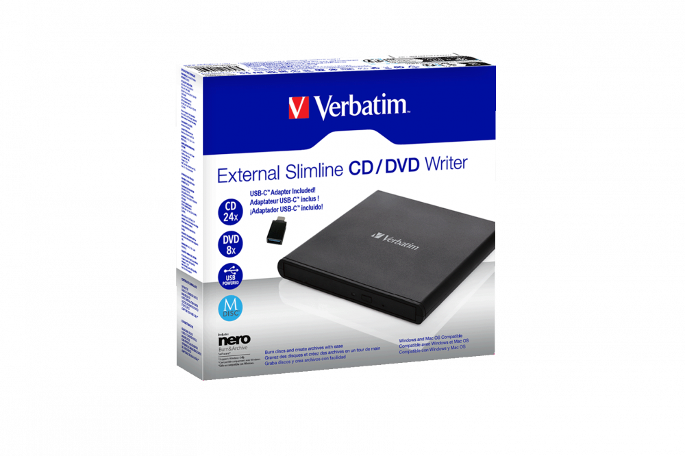 Компактный внешний пишущий привод дисков CD/DVD компании Verbatim
