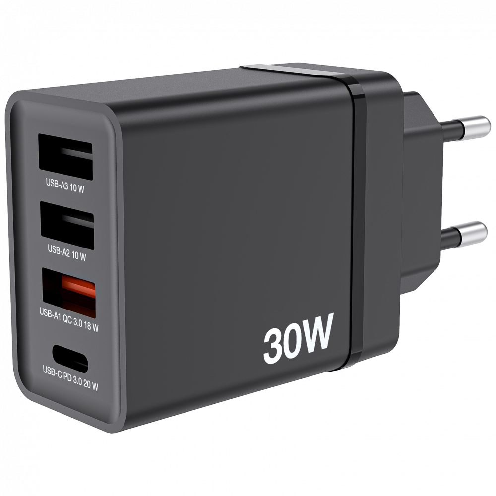 Сетевое зарядное устройство USB мощностью 30 Вт с 4 портами, черное 1 порт USB-C® PD 20 Вт, 1 порт USB-A QC 3.0, 2 порта USB-A 10 Вт (ЕС)